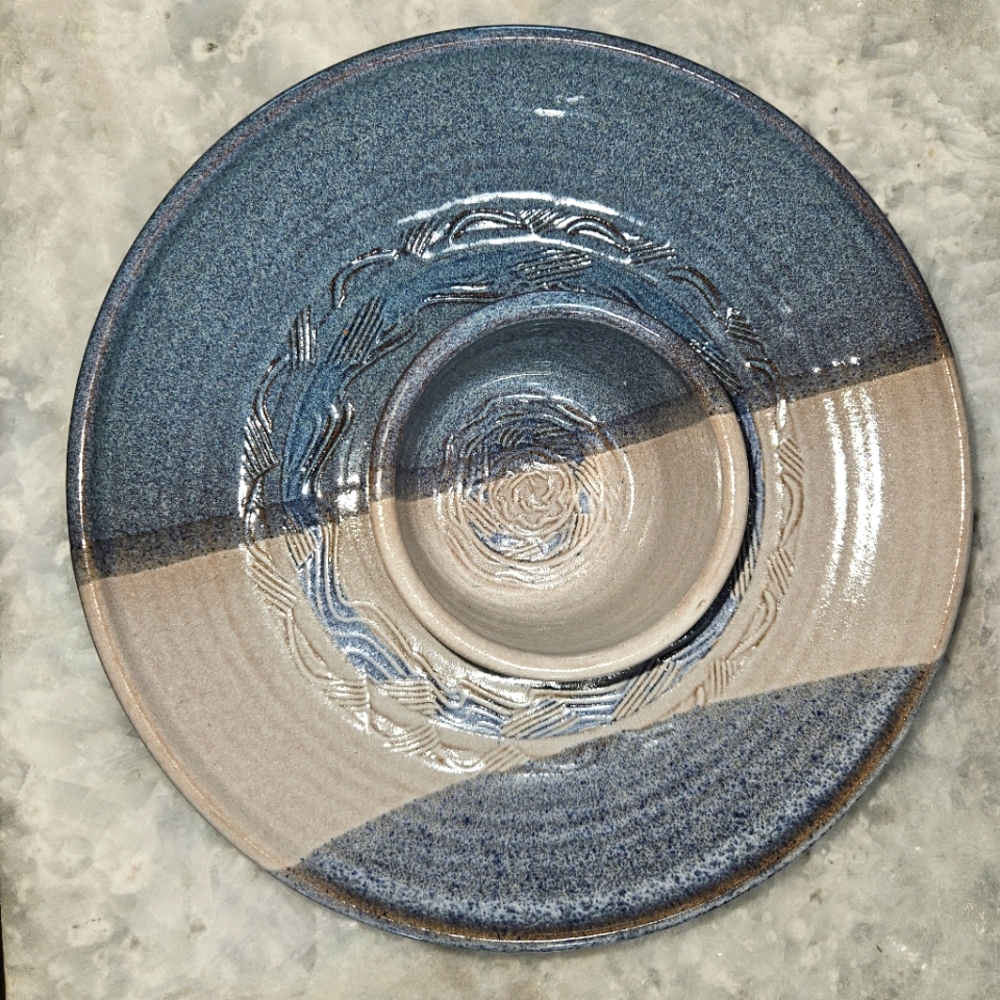Vintage 97' Blue Stone Pottery Serving Chip Dip Cracker Cheese Plate Bowl Signed
